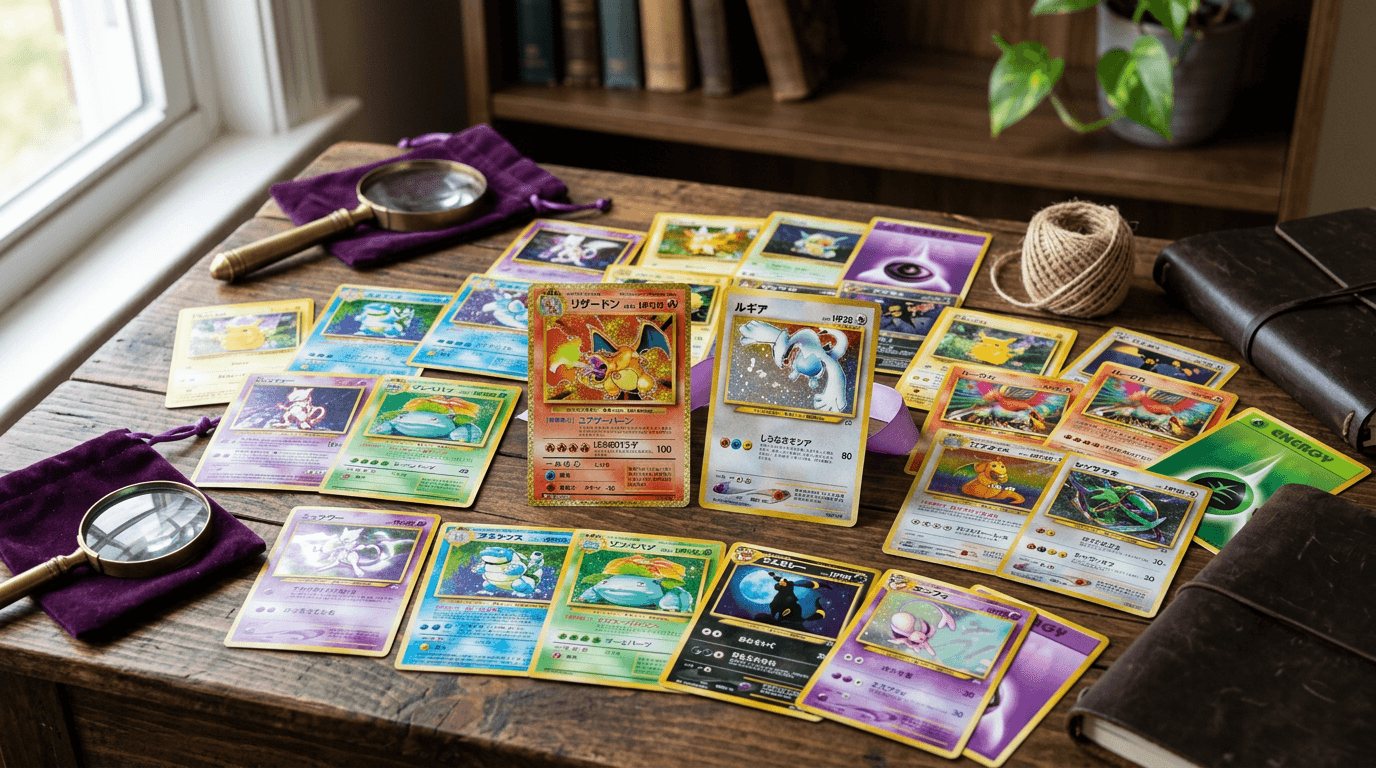 Carte Pokémon della Classic Collection del 30° anniversario disposte su un tavolo di legno scuro, con Charizard e Lugia in evidenza