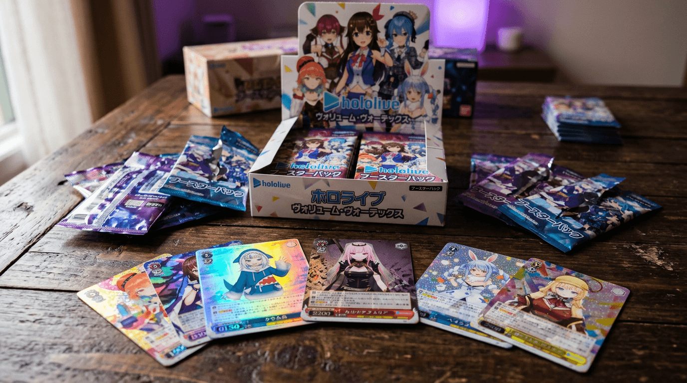 Box di carte Hololive Volume Vortex aperta su un tavolo scuro con bustine e carte olografiche in evidenza