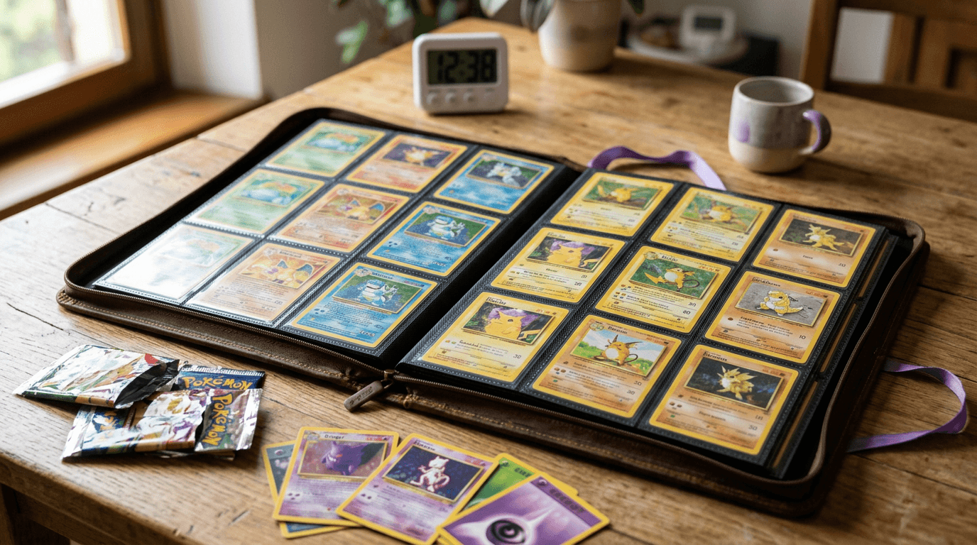 Raccoglitore con carte Pokemon in ordine numerico, bustine aperte e carte sparse su un tavolo di legno, con un timer sullo sfondo