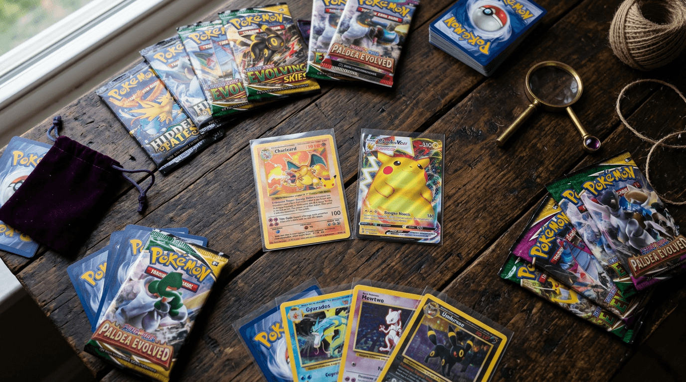 Carte Pokemon e buste sigillate disposte su un tavolo di legno scuro con luce soffusa
