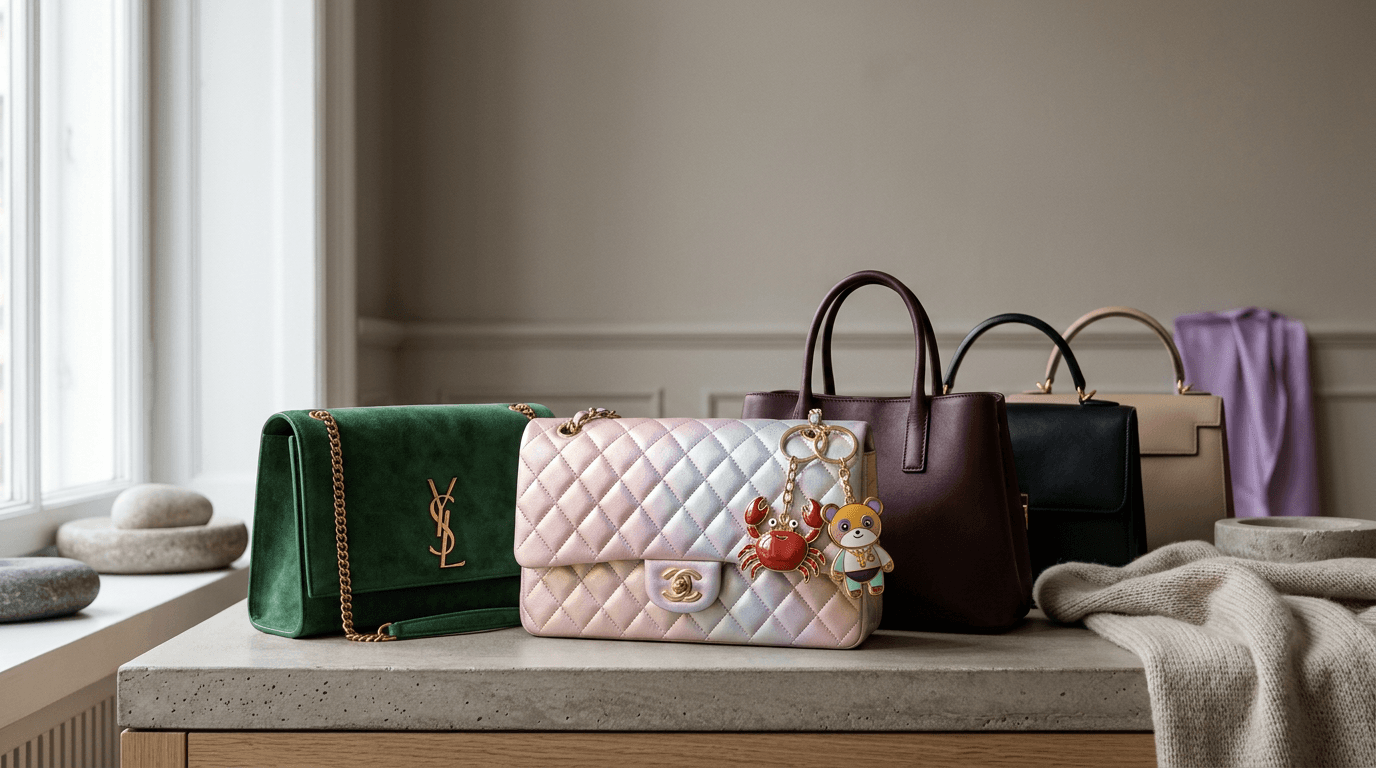 Borse di lusso delle collezioni autunno inverno 2026 con finiture iridescenti, pelle scamosciata e bag charm dal design ironico