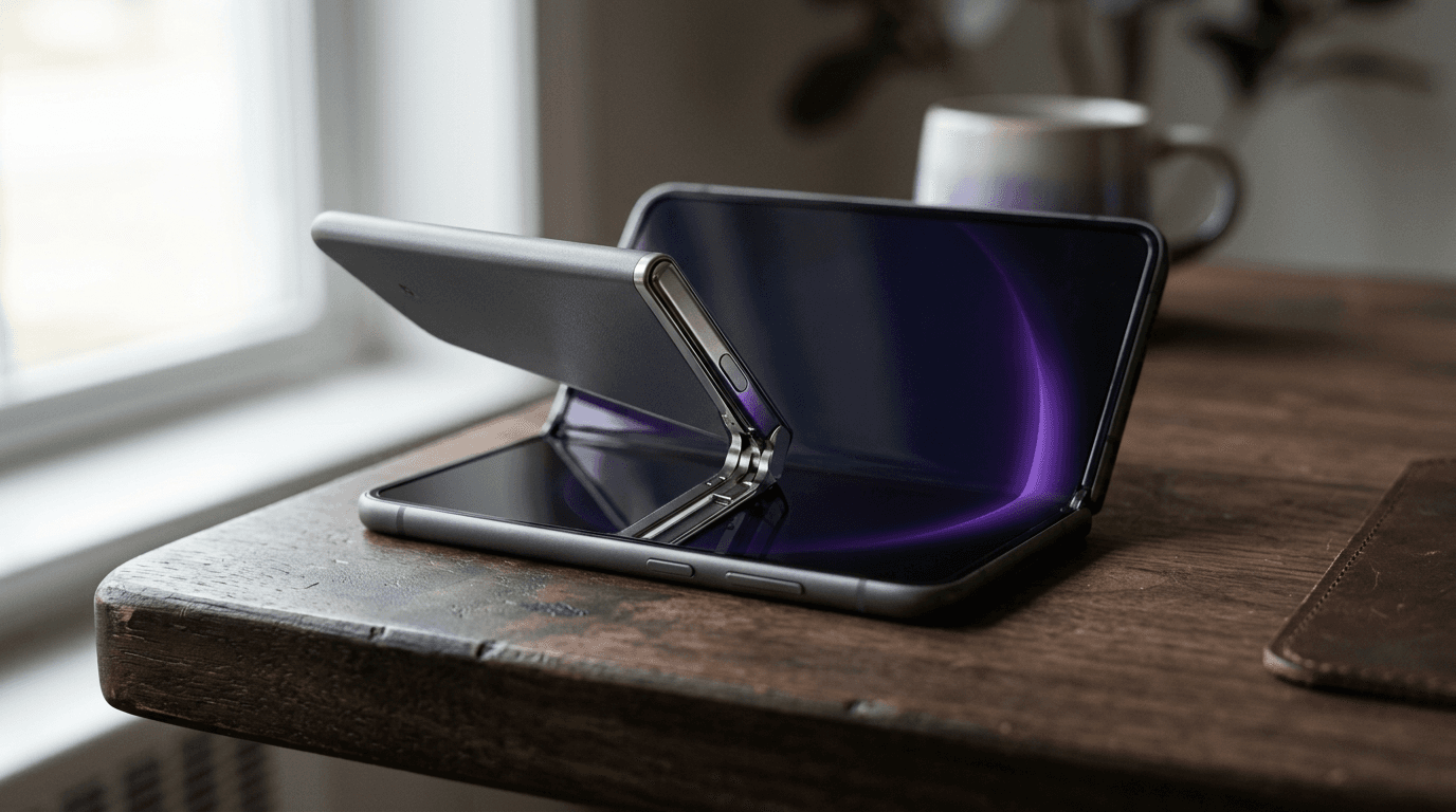 Smartphone pieghevole semiaperto su una scrivania scura con cerniera in titanio in evidenza
