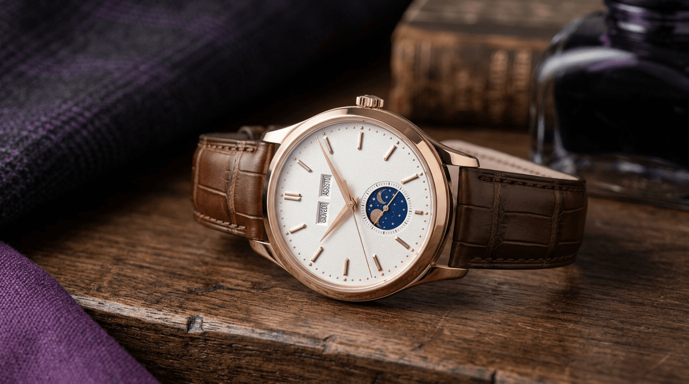Rolex Padellone in oro Everose con quadrante bianco, aperture giorno e mese e display fasi lunari blu su cinturino in alligatore marrone