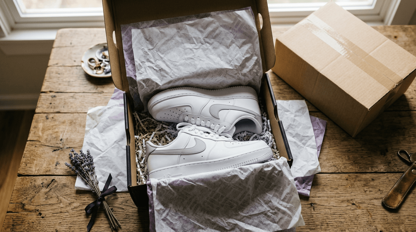 Mystery box di sneakers aperta con un paio di scarpe nuove e una seconda scatola chiusa accanto