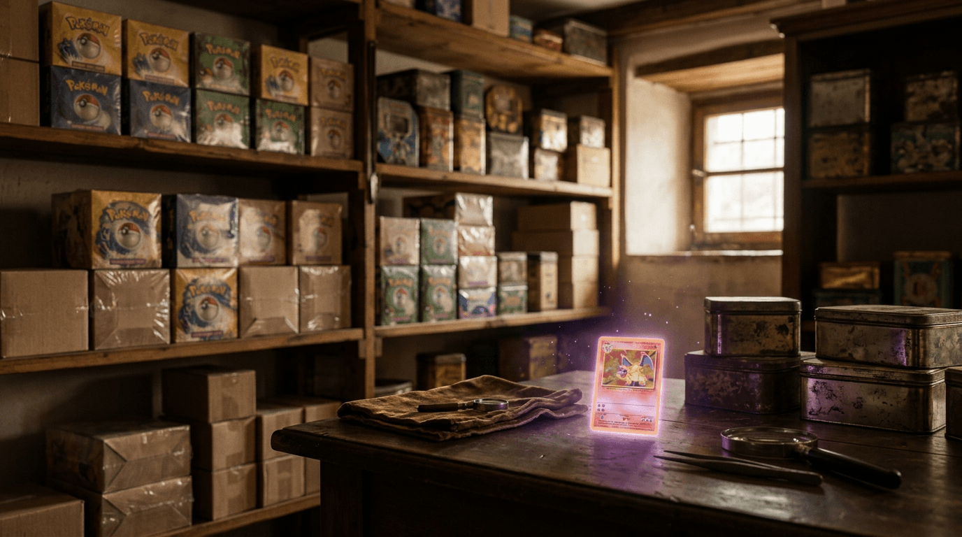 Retrobottega di un negozio di carte con display Pokémon vintage sigillati e una carta rara in primo piano