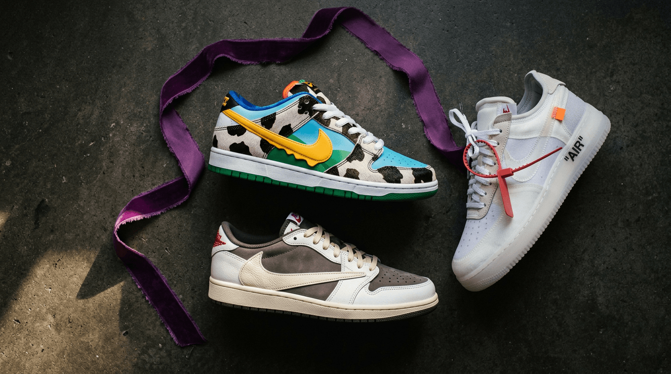 Sneakers rare da collezione disposte su pavimento di cemento scuro con luce drammatica