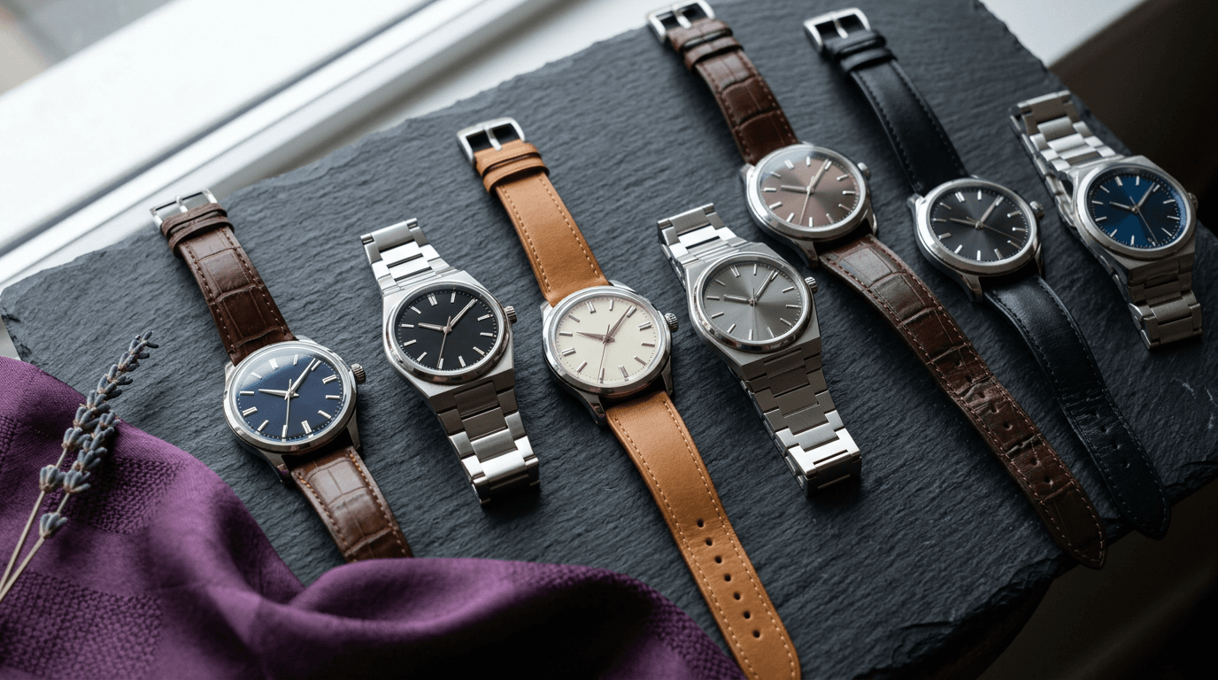 Selezione di orologi da polso con casse in acciaio e cinturini in pelle o bracciali metallici su una superficie scura