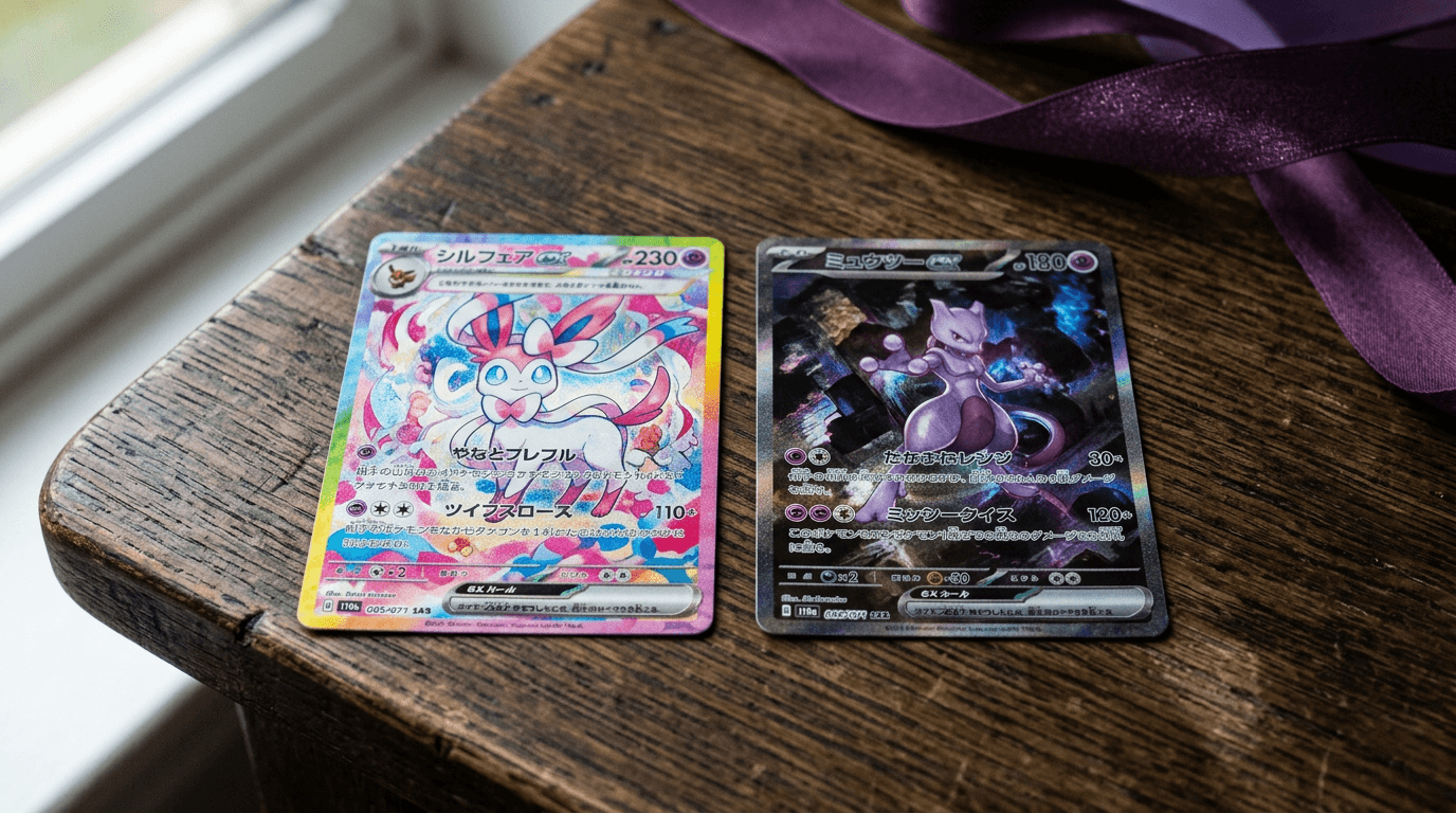 Due carte Pokémon giapponesi del 30° anniversario, Sylveon SAR e Mewtwo SAR, appoggiate su un tavolo di legno scuro con dettagli olografici in evidenza