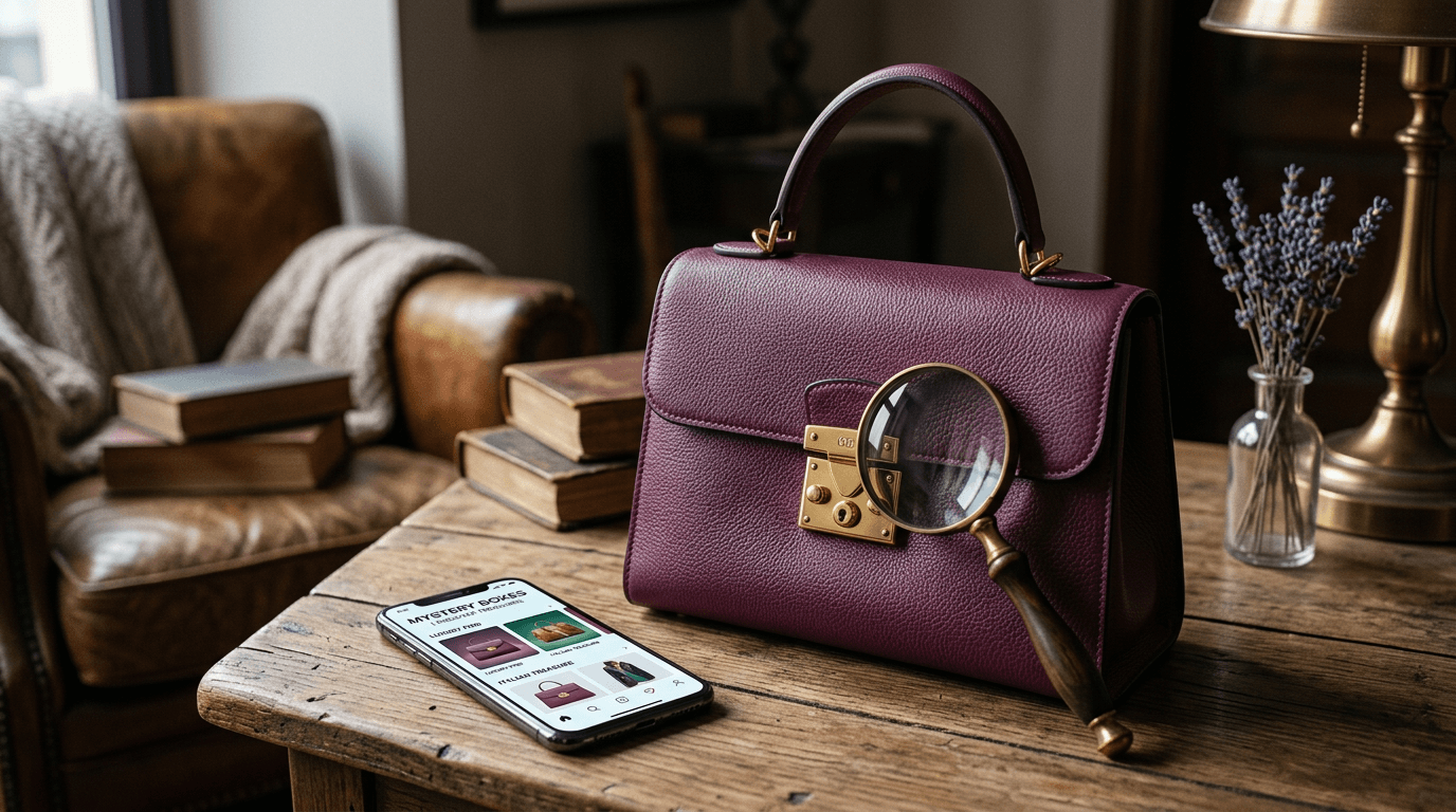 Borsa di lusso usata esaminata con una lente di ingrandimento accanto a uno smartphone con un'app di marketplace