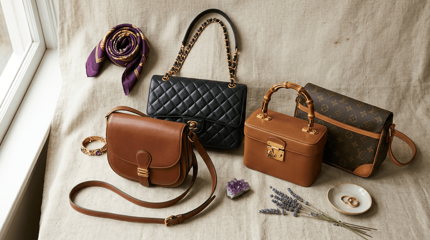 Borse vintage di lusso in pelle con catene dorate e dettagli iconici su fondo neutro